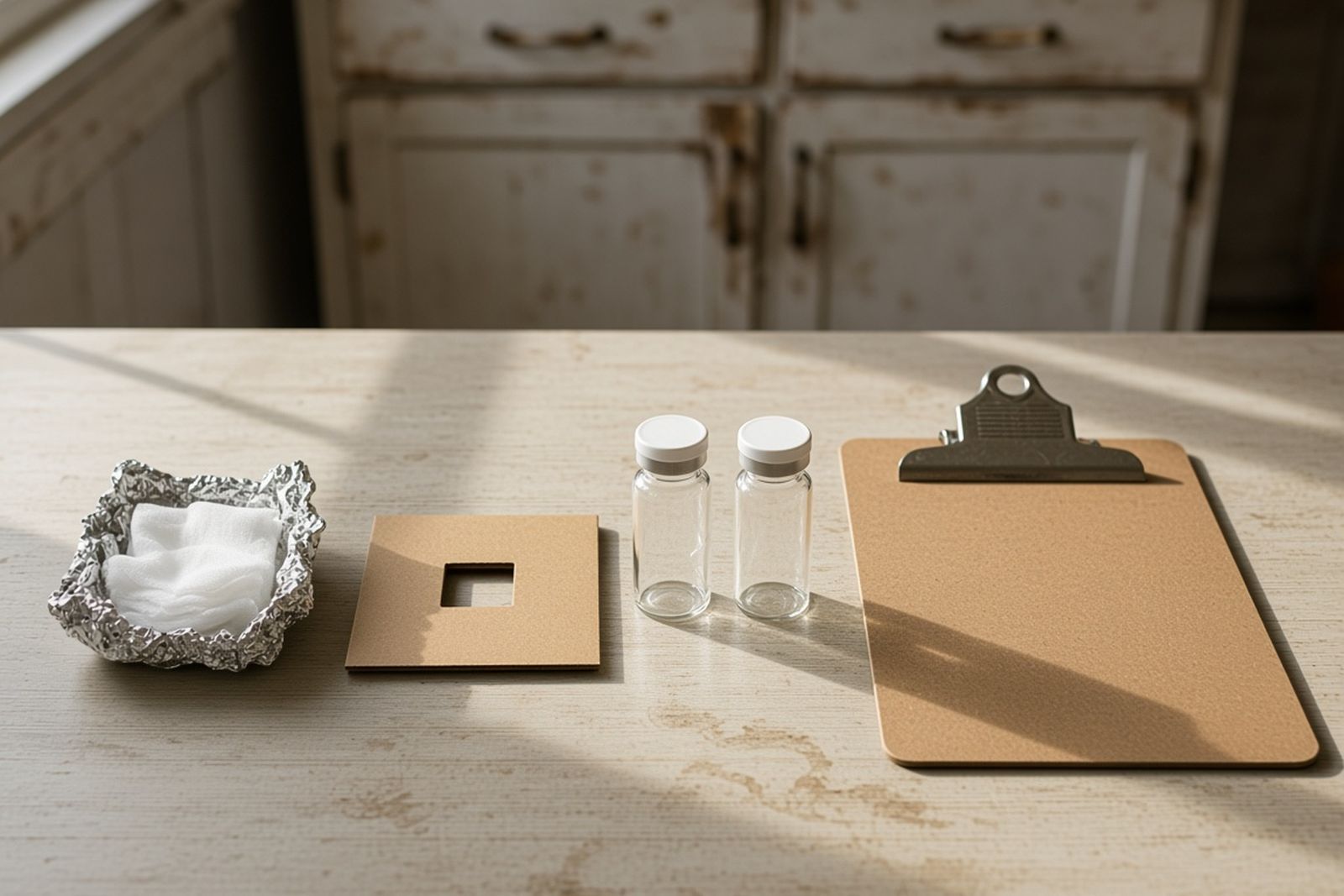 Wipe-sampling supplies on a counter: gauze in foil, a sampling template, vials and a clipboard